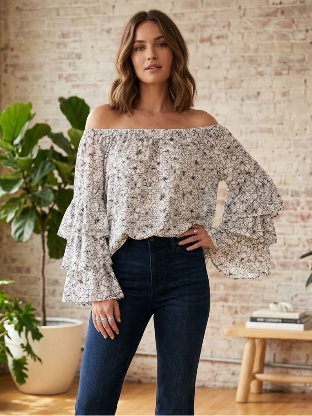 Fever White Floral Off-Shoulder Ruffle Sleeve Blouse